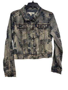 Womens Floral Print Chiqle Denim Jacket Denim Architect Button Front Size L